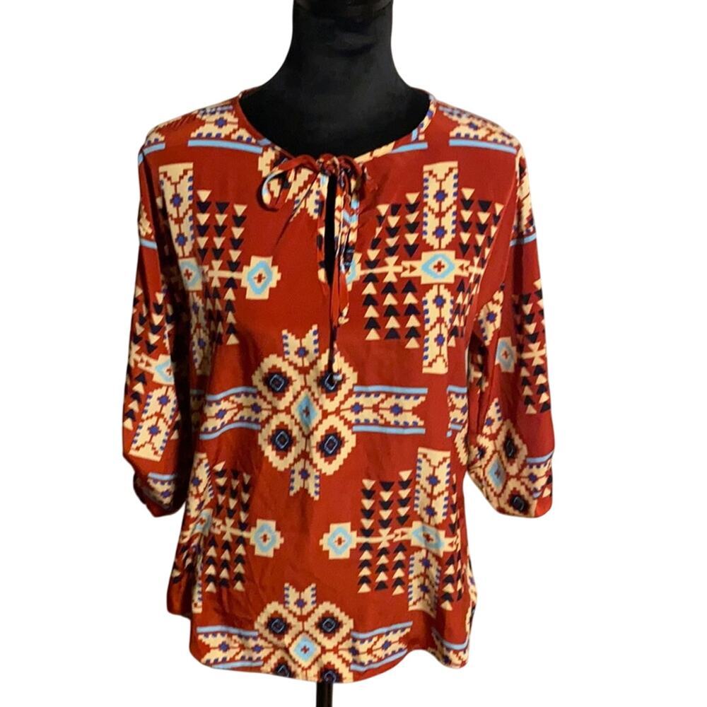 Buckle Brand Day Trip Women's Red Abstract Tribal Print Top, 3/4 Sleeve, Size L